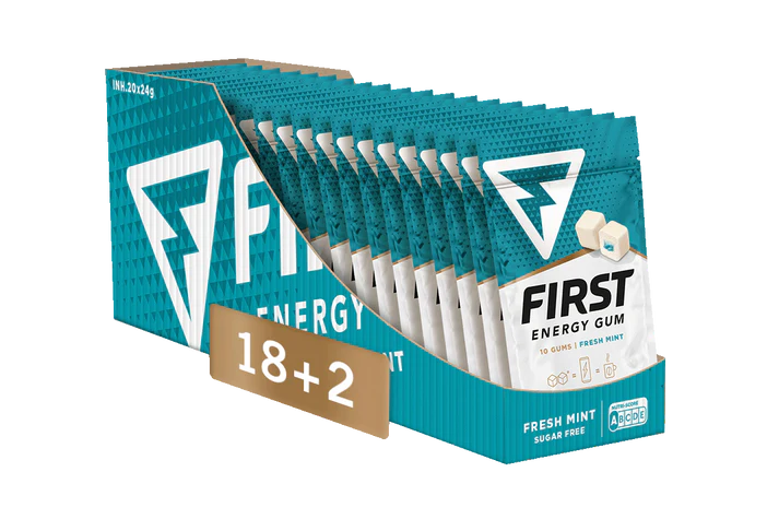 First Energy Gum Blue - Cafeïne kauwgom - doos met 20 zakjes kopen? - Scheidsrechters.nl